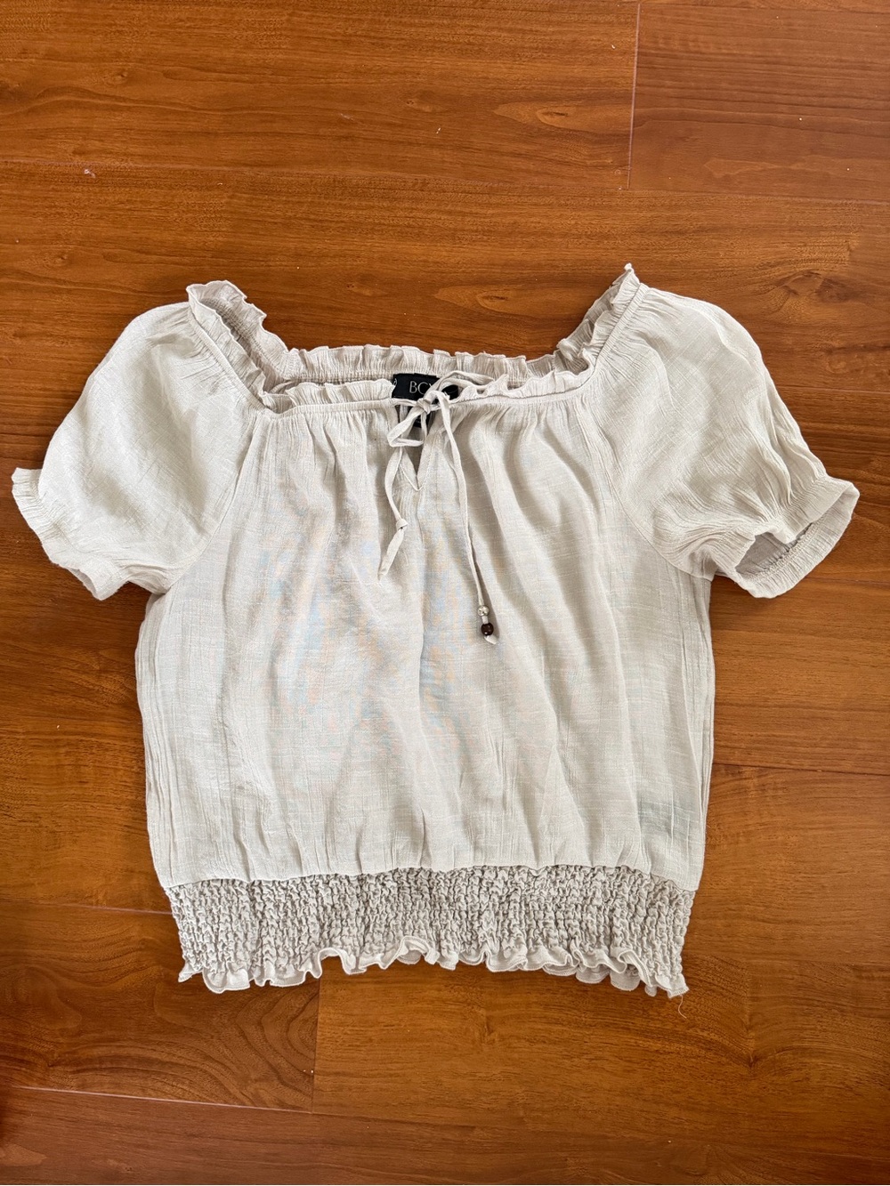 BCX Cream Square Neck Puff Sleeve Top with Smocked Hem